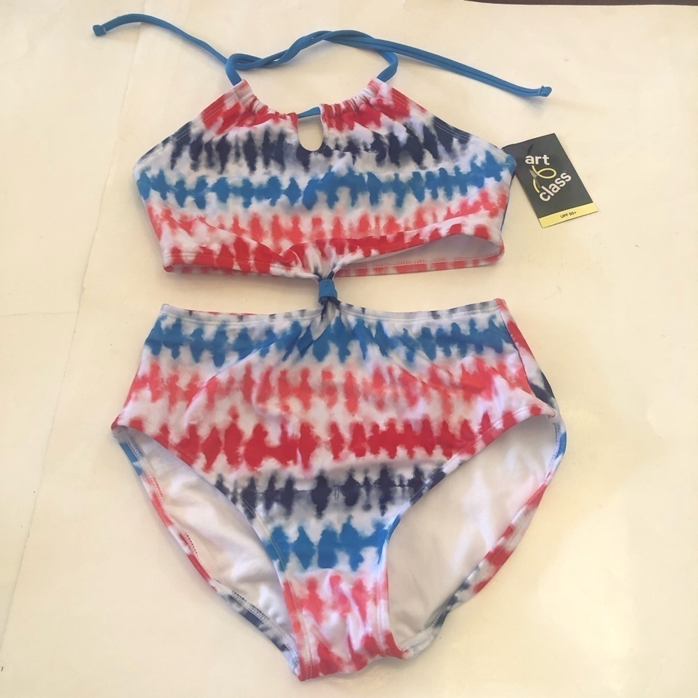 Art Class Girls' Tie-Dye Striped Cut Out Halter One Piece Swimsuit Size XL 14